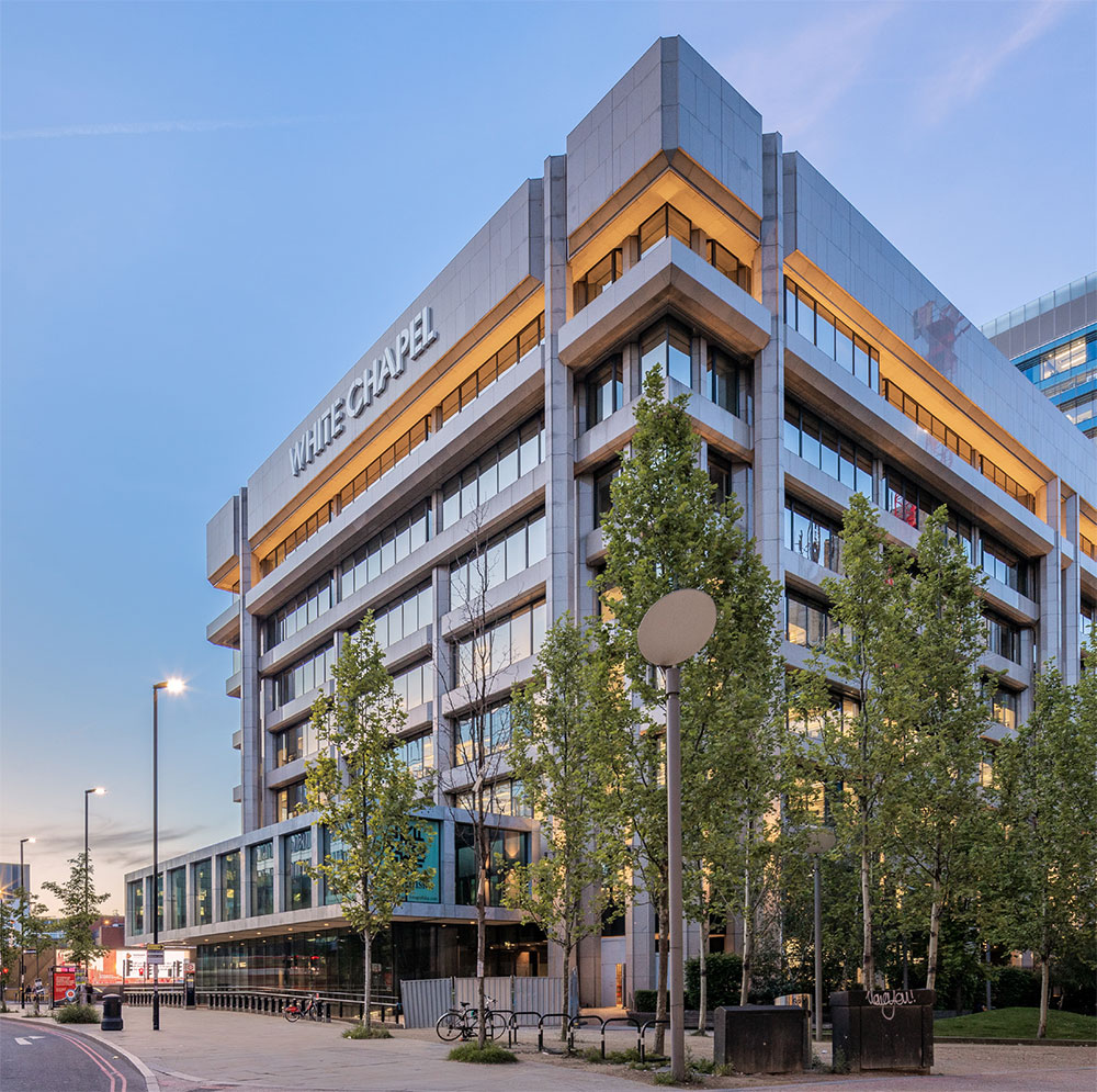 Exterior shot of White Chapel Building in early evening